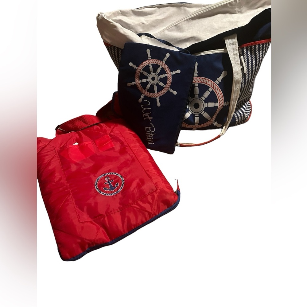 Large Blue Canvas Nautical Tote Shoulder Bag with Ship Wheel Set